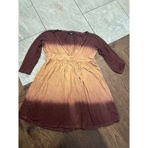 Y2K L'Apogee Ombre babydoll boho tunic brown Tan V-Neck Empire 3/4 Sleeve small